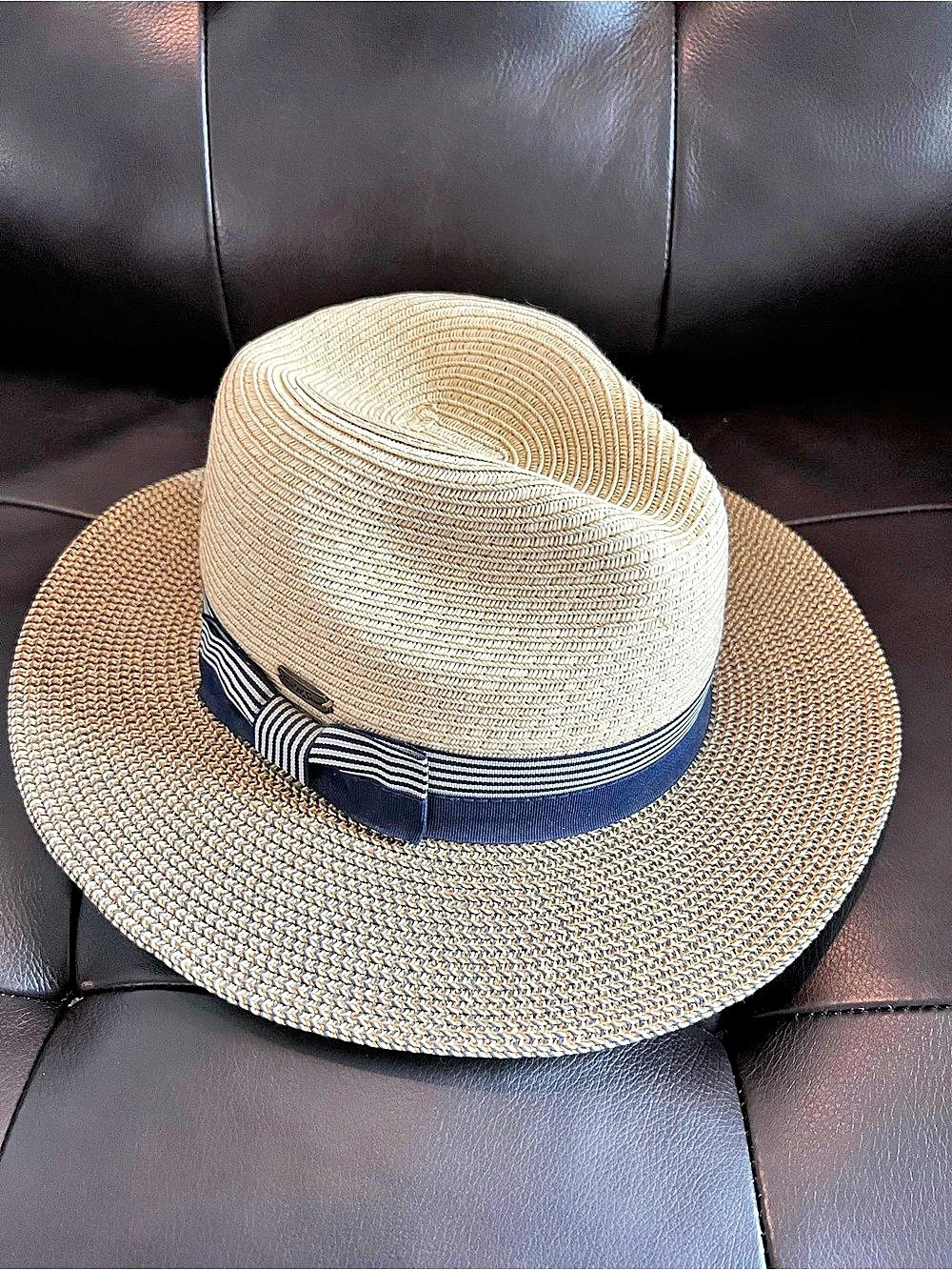 Sun 'N Sand Ribbon Trimmed Straw Fedora Sun Hat Beige & Blue Like New
